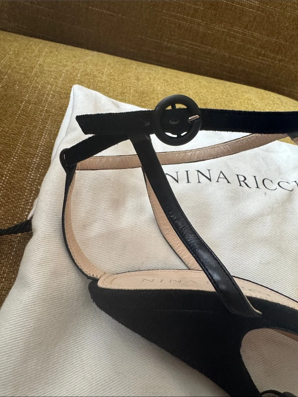 Nina Ricci Black and Gold Strappy T‑Bar Stiletto Sandals